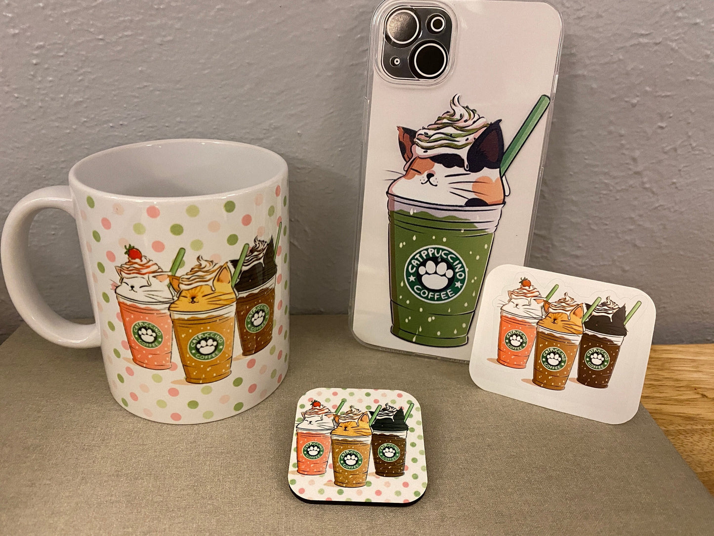 Matcha Catpuccino Coffee bundle set, Cat Gift Set, Cat Mug with iPhone 14 case and fridge magnet with matching sticker set, Cat Bundle set