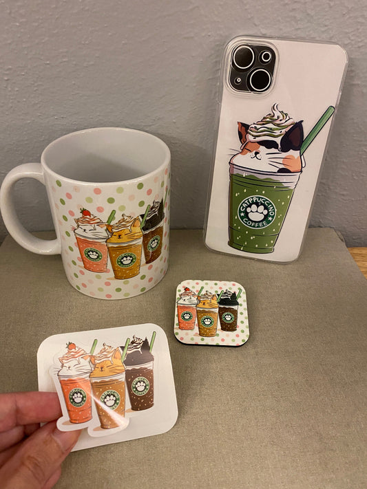 Matcha Catpuccino Coffee bundle set, Cat Gift Set, Cat Mug with iPhone 14 case and fridge magnet with matching sticker set, Cat Bundle set