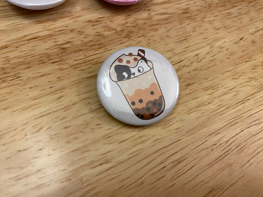 1.25" Button Pin Boba tea with kitten