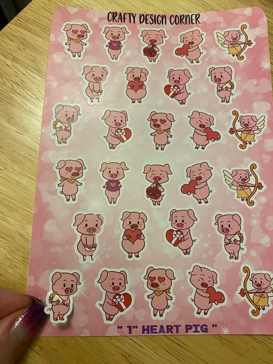 Large Sheet of 1" high Valentine Heart Pigs Stickers