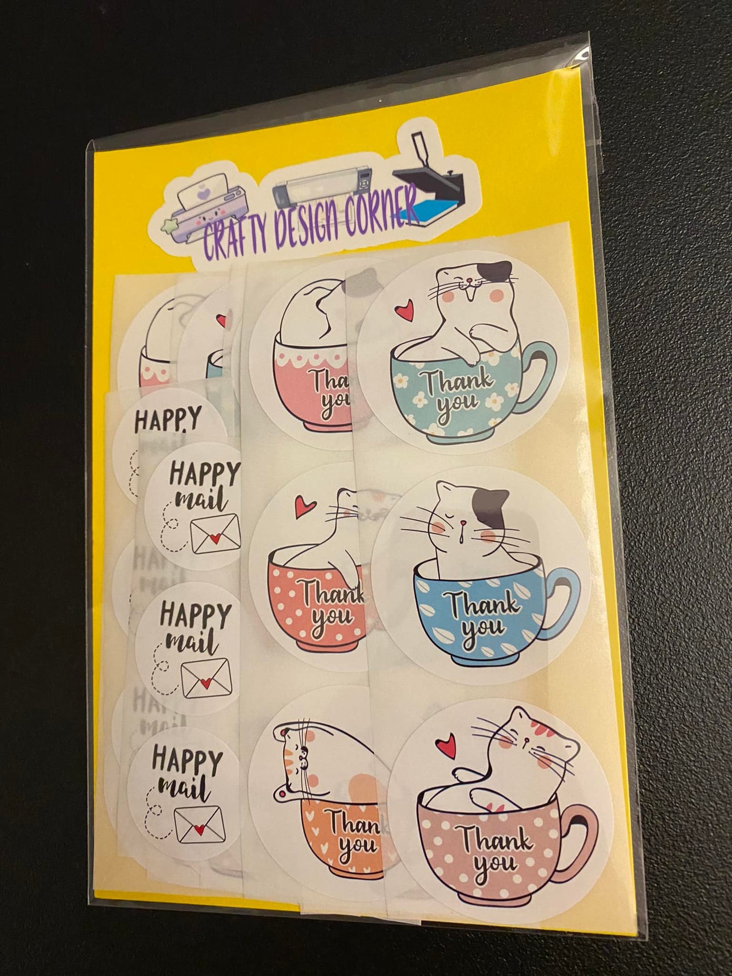 24 pcs Cat Tea Cup Thank You with 6 Happy Mail freebie Sticker Pack